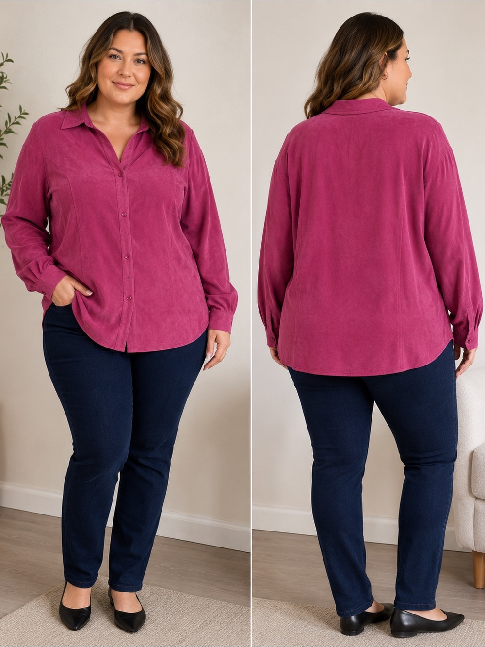 Penningtons Berry Pink Button-Front Long Sleeve Shirt Size 3X Office Faux Suede
